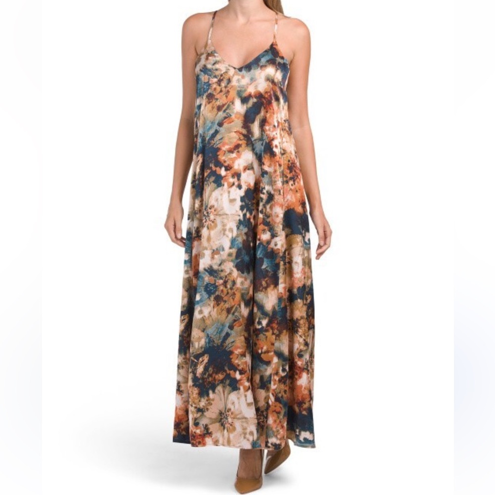 Nicole Miller Artsy Floral Print Maxi Dress Satin Vneck Halter. XS